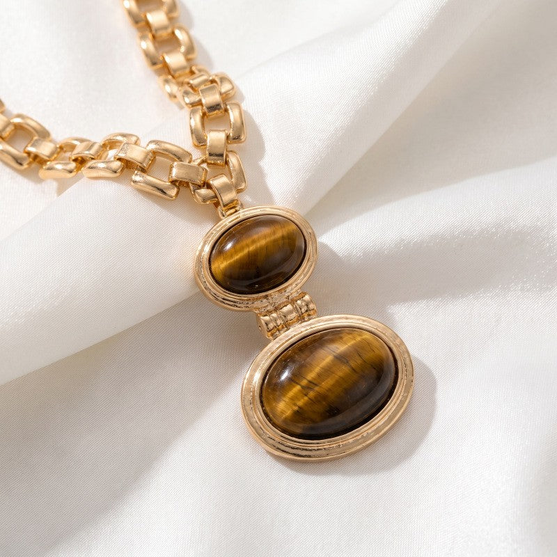 Classy Tiger Eye Cuban Chain Necklace & Earring Set