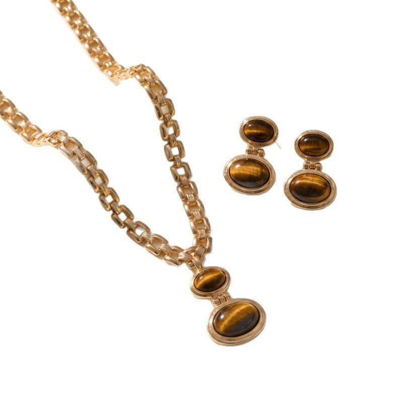 Classy Tiger Eye Cuban Chain Necklace & Earring Set