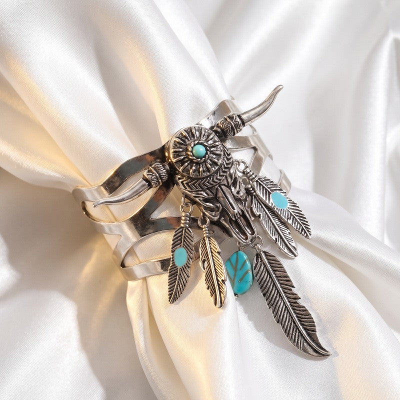 Boho Vintage Bull Skull Feather Cuff Bracelet