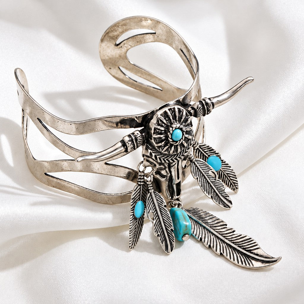 Boho Vintage Bull Skull Feather Cuff Bracelet