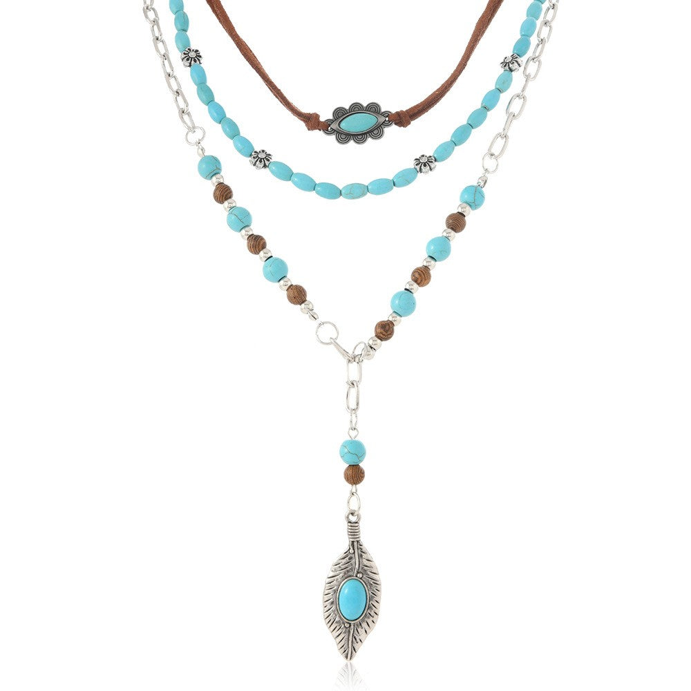 3pc Boho Turquoise Feather Layered Necklace Set