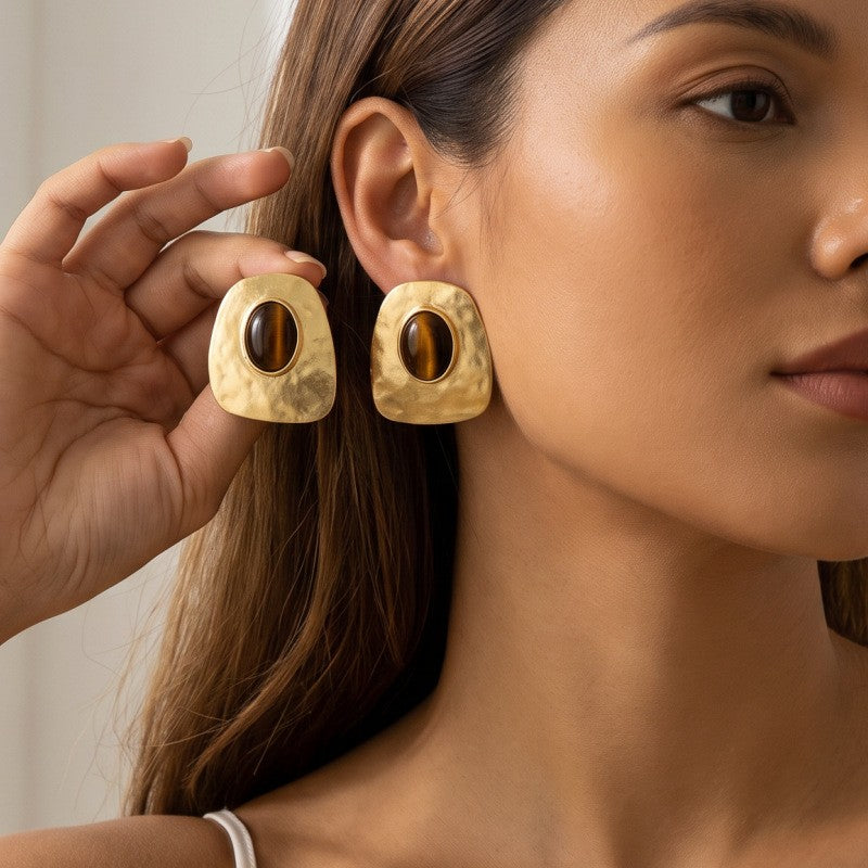 Classy Hammered Tiger Eye Square Stud Earrings