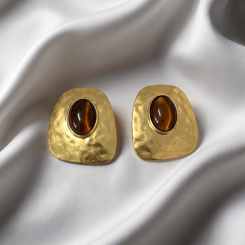 Classy Hammered Tiger Eye Square Stud Earrings