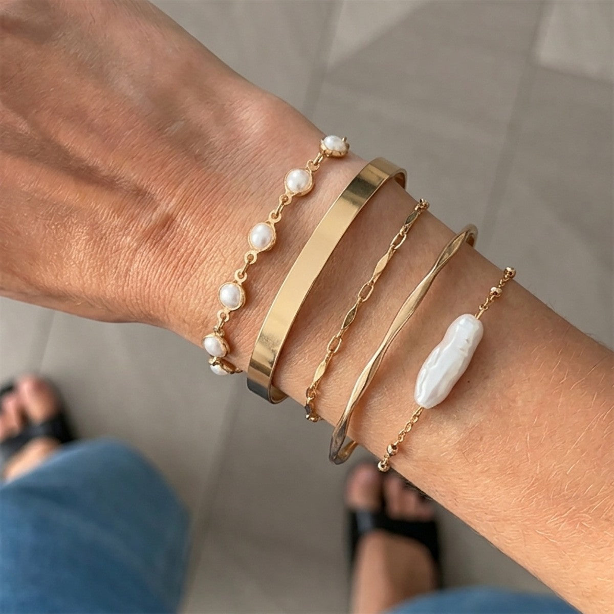 Classy Faux Pearl and Geometric Bangle Bracelet Set