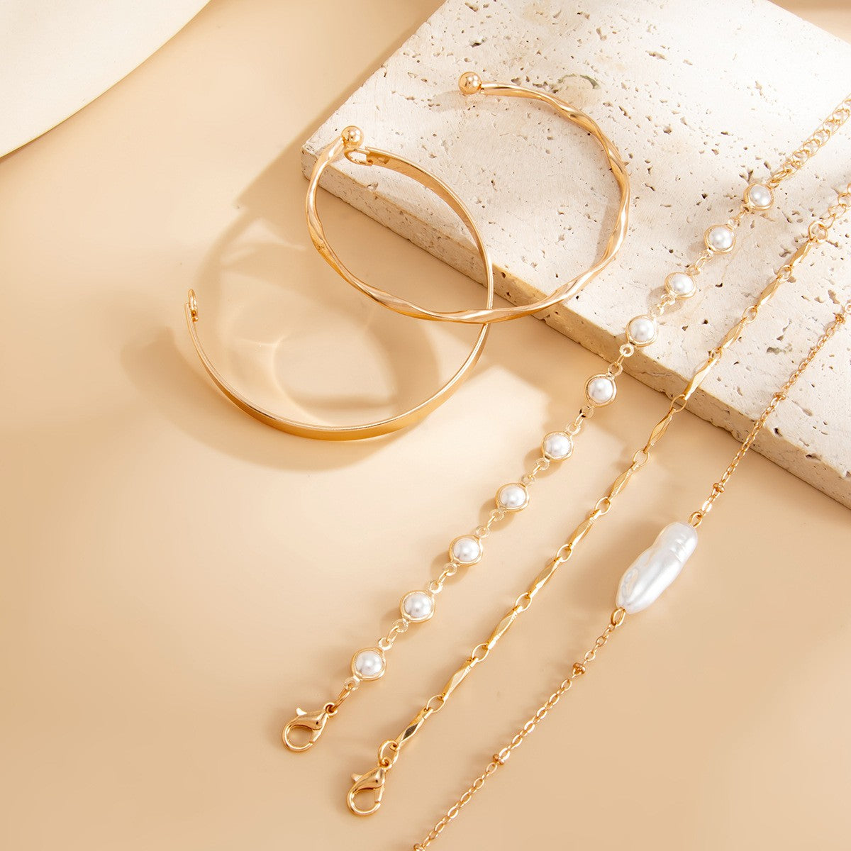 Classy Faux Pearl and Geometric Bangle Bracelet Set