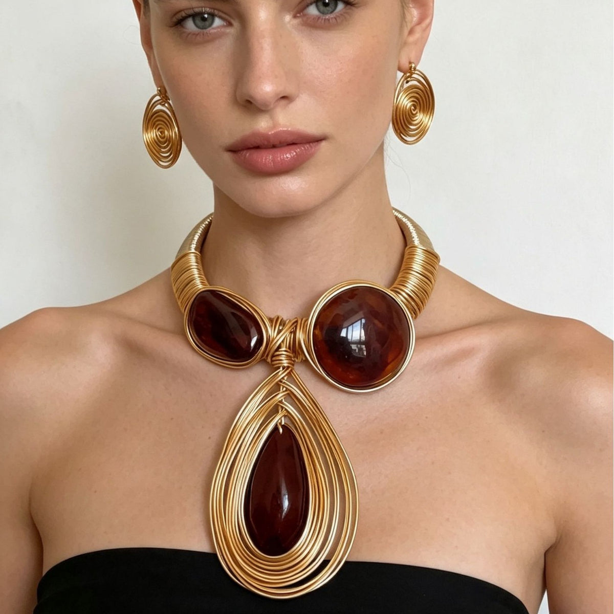 Boho Woven Resin Collar Necklace & Earring Set