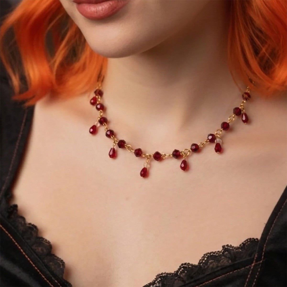 Romantic Red Teardrop Fringe Necklace