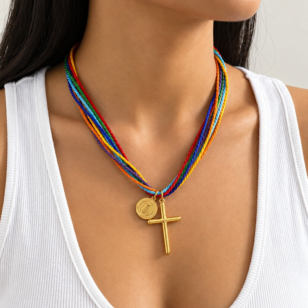 Boho Rainbow Cord Cross Necklace