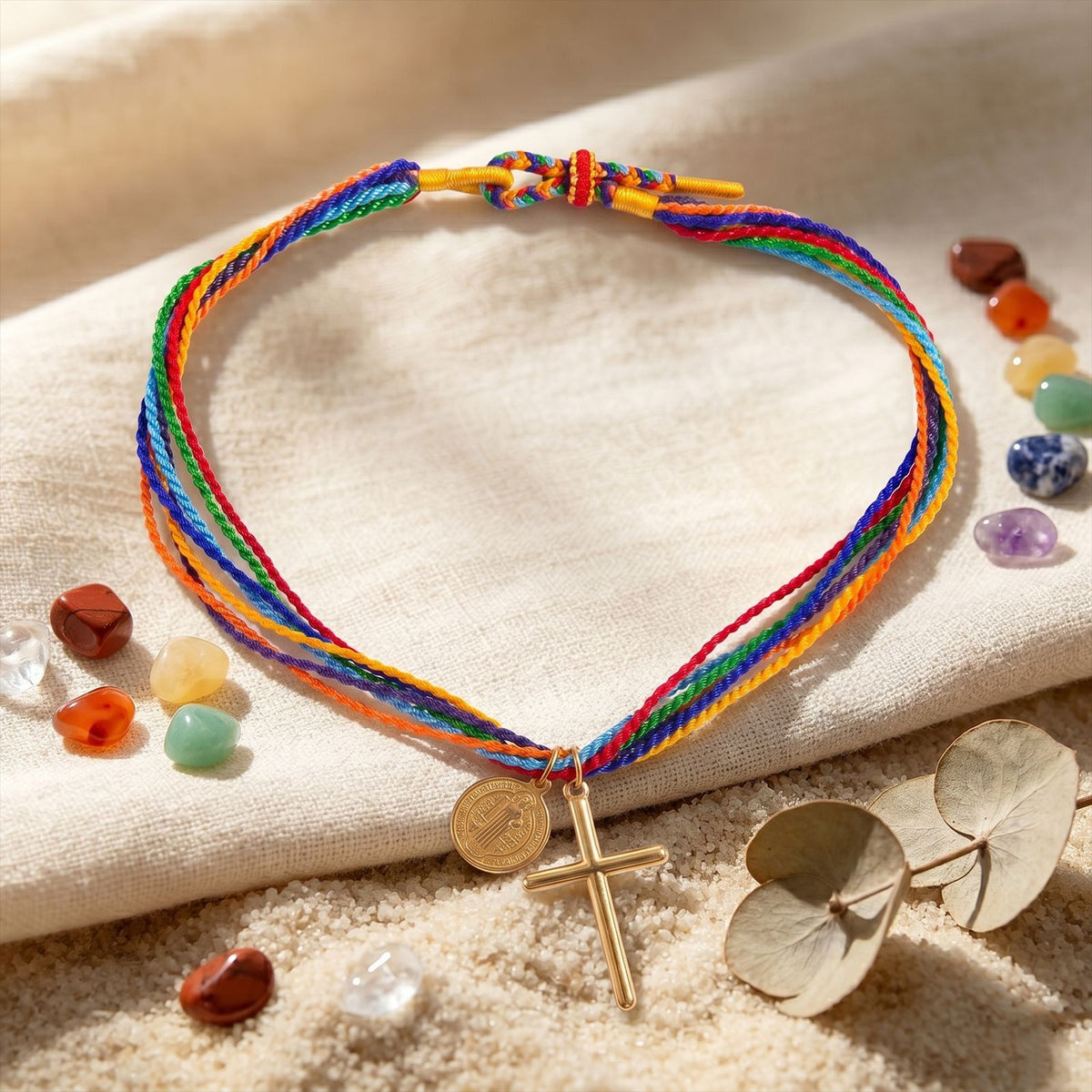 Boho Rainbow Cord Cross Necklace