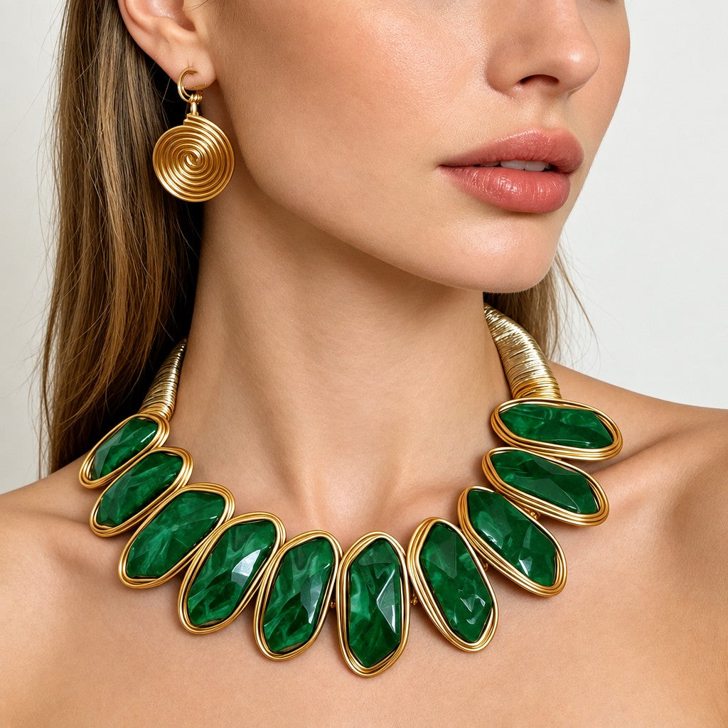 Statement Green Geometric Collar Necklace & Earring Set