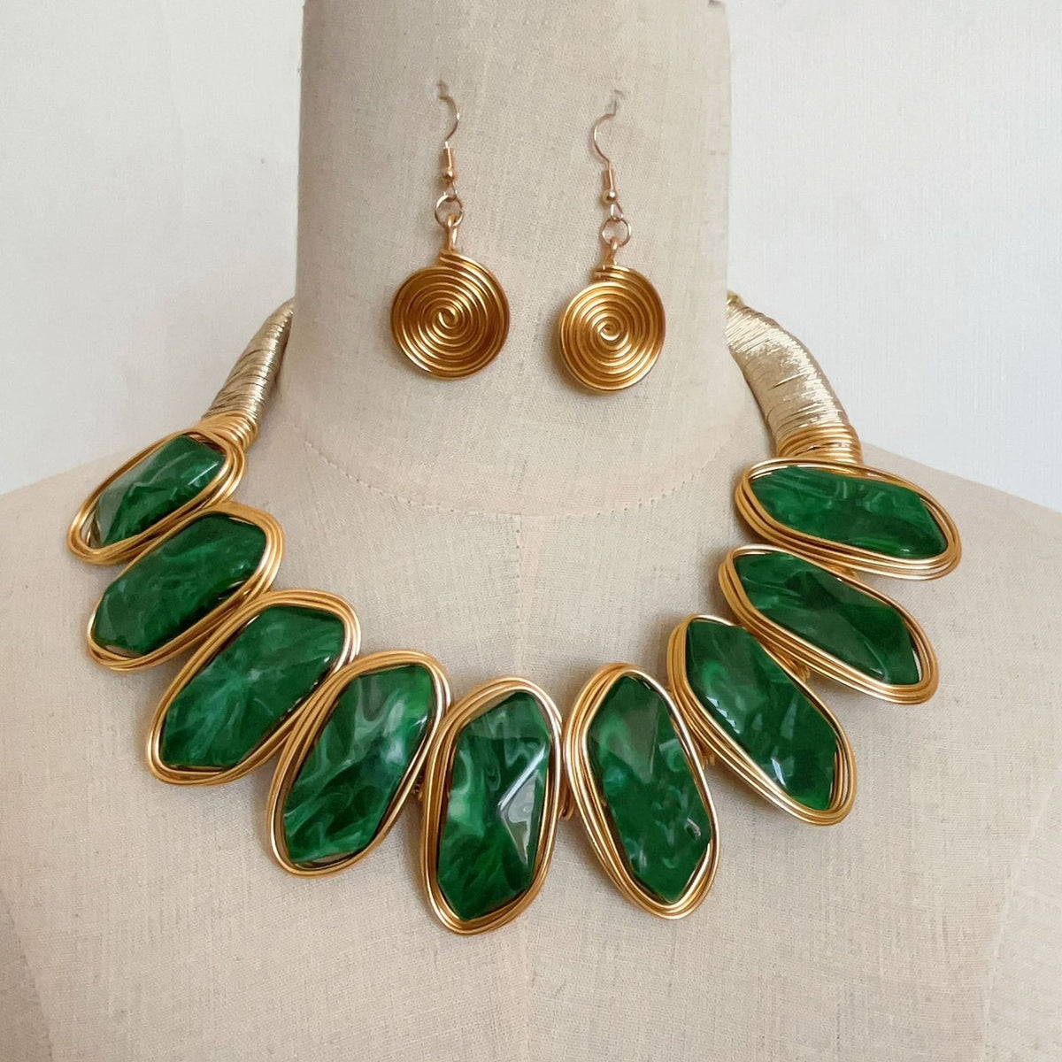 Statement Green Geometric Collar Necklace & Earring Set