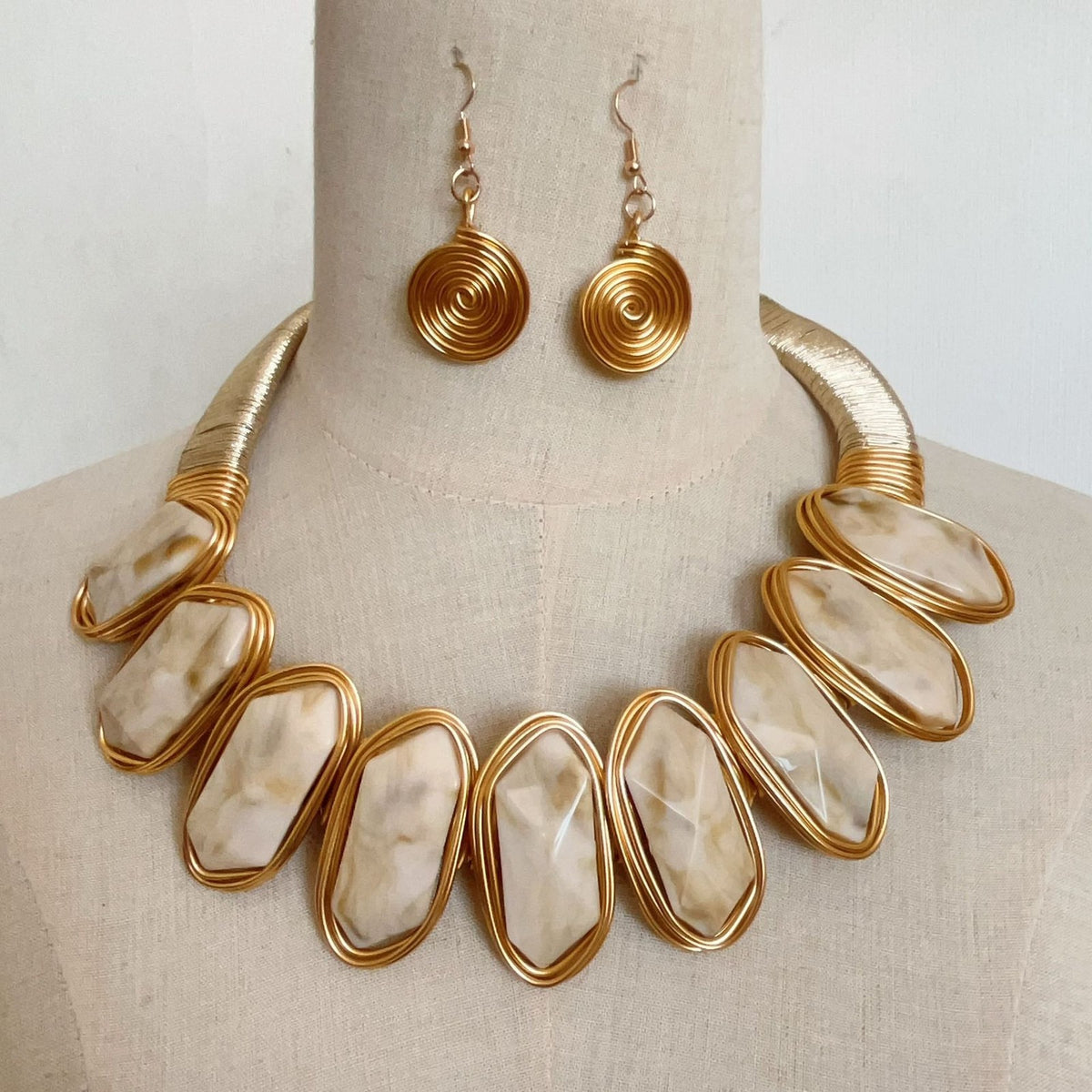 Statement Green Geometric Collar Necklace & Earring Set
