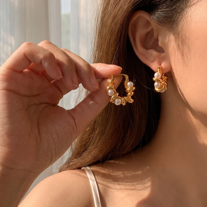 Classy Twisted Faux Pearl Hoop Earrings