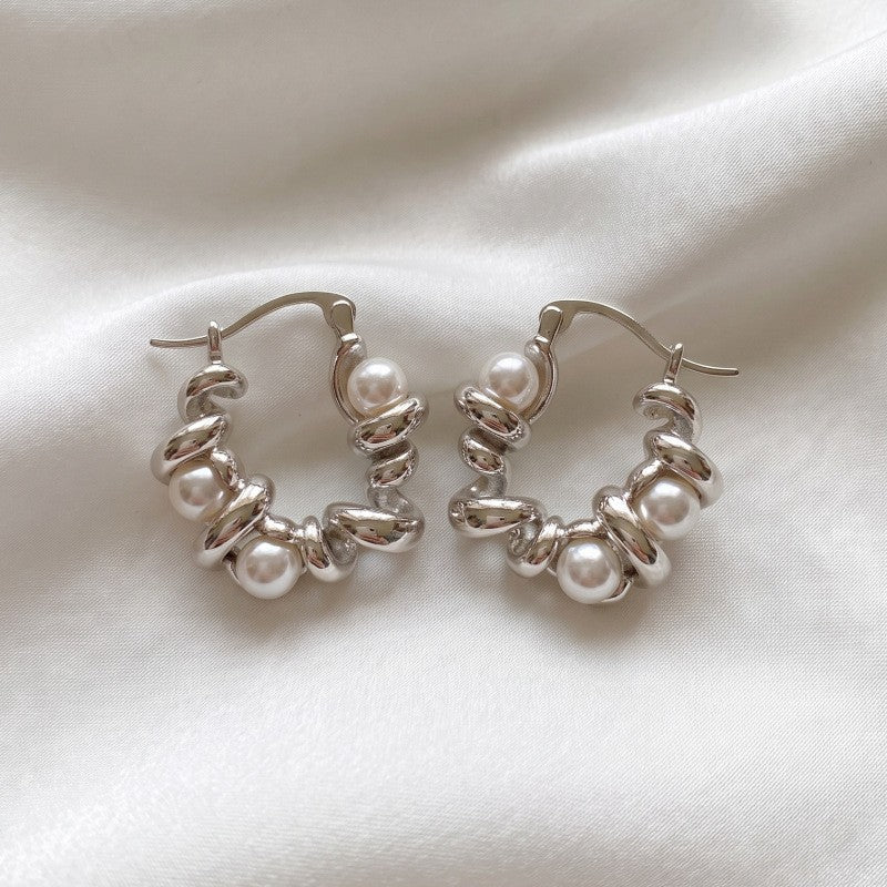 Classy Twisted Faux Pearl Hoop Earrings