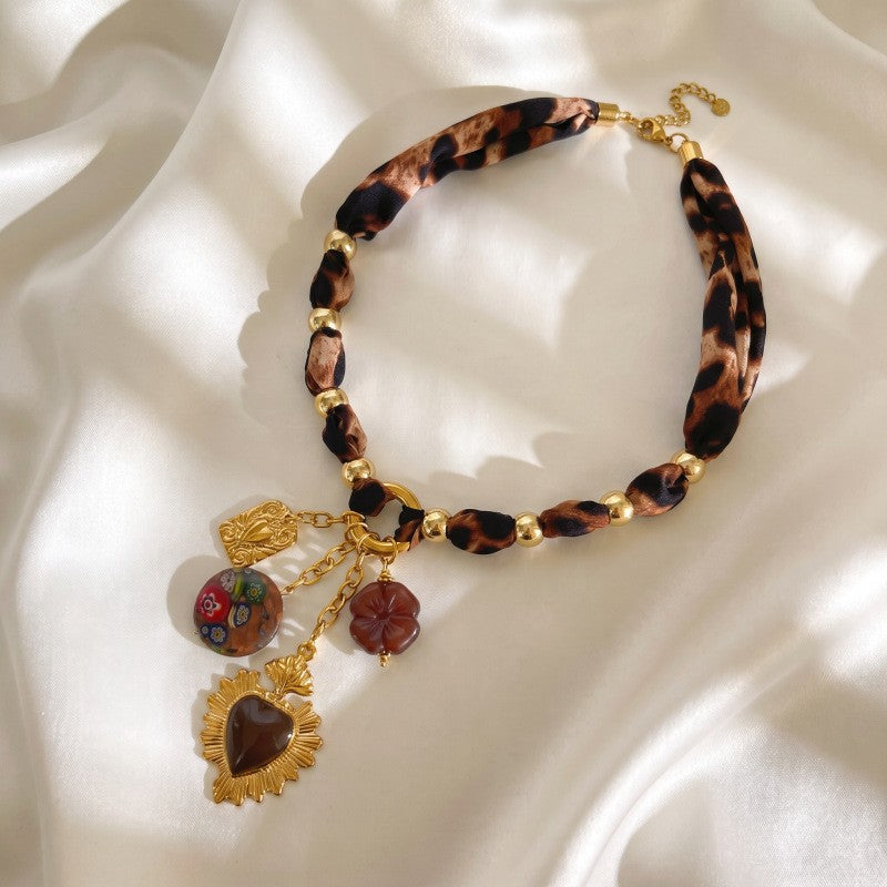 Boho Leopard Print Fabric Charm Necklace
