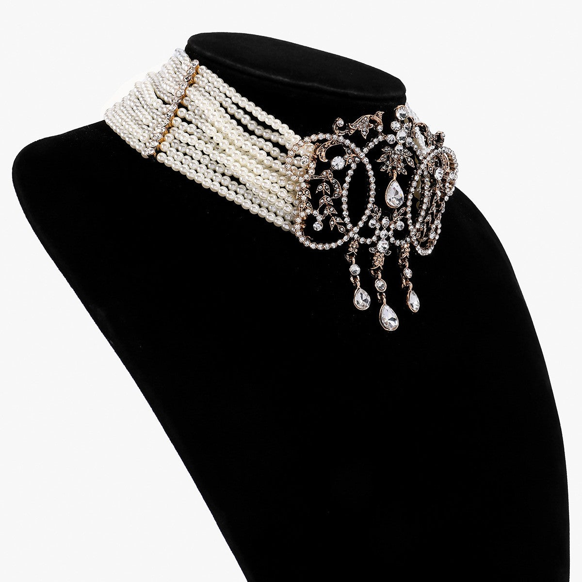 Elegant Vintage Faux Pearl Rhinestone Choker Necklace