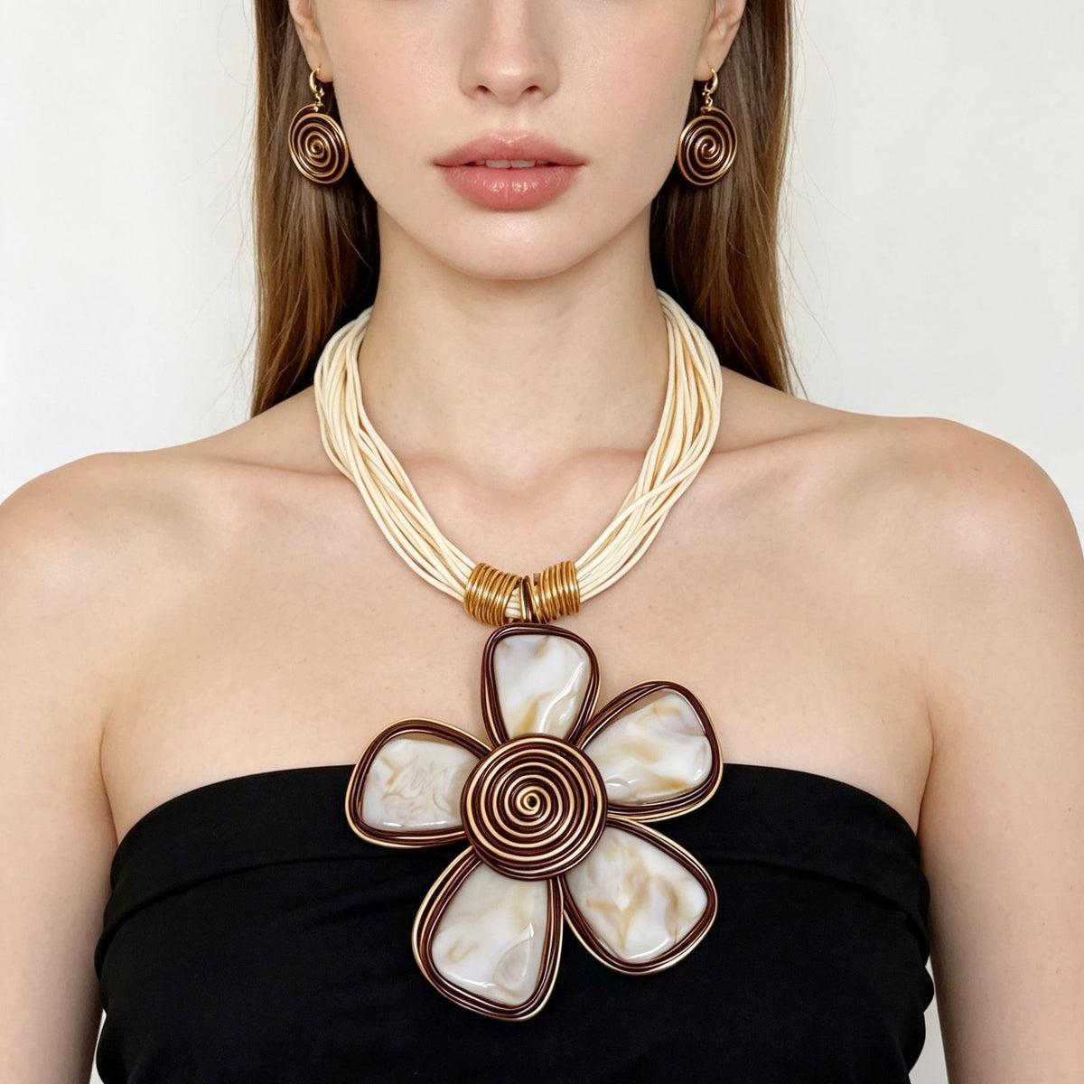 Vintage Woven Shell Flower Necklace & Earring Set