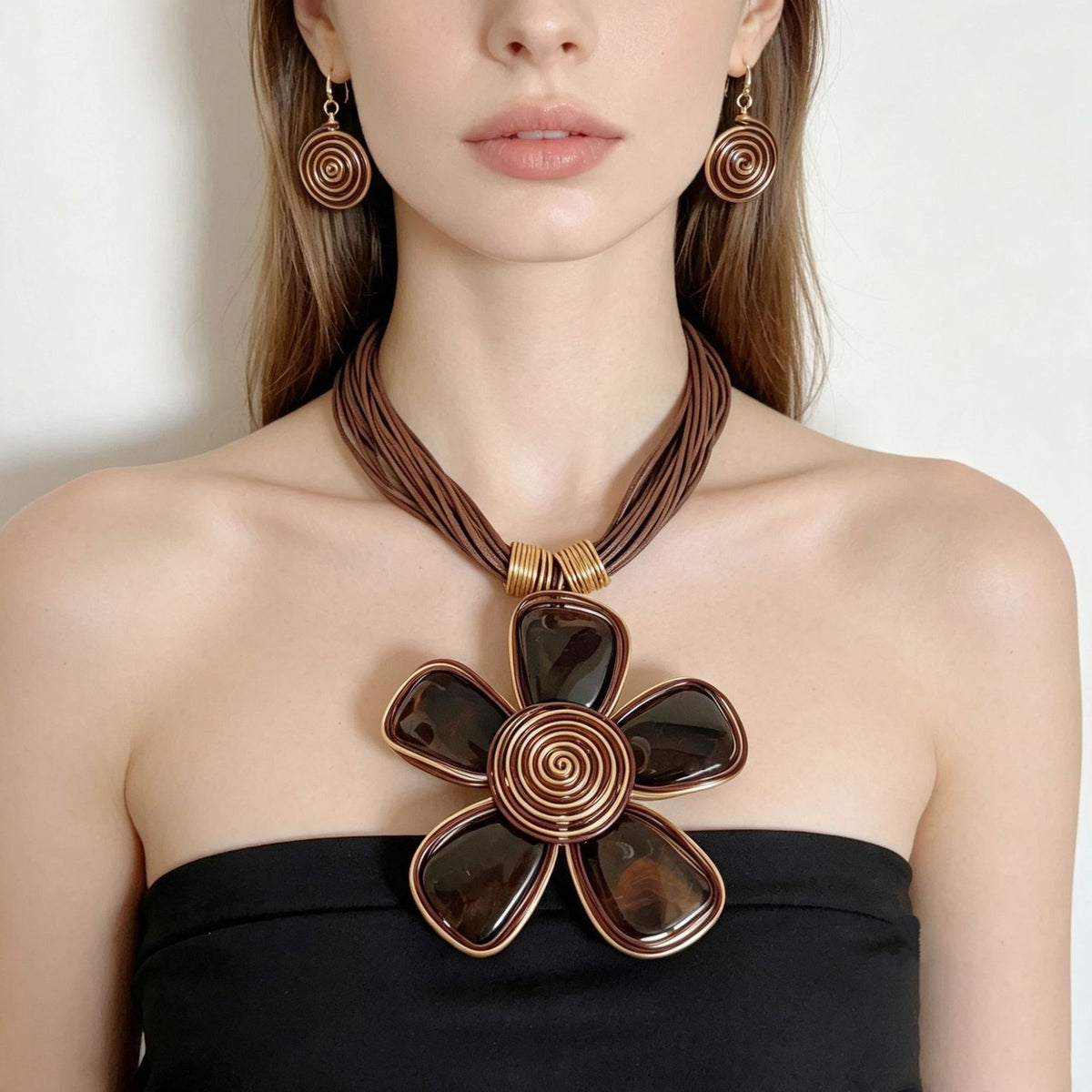 Vintage Woven Shell Flower Necklace & Earring Set