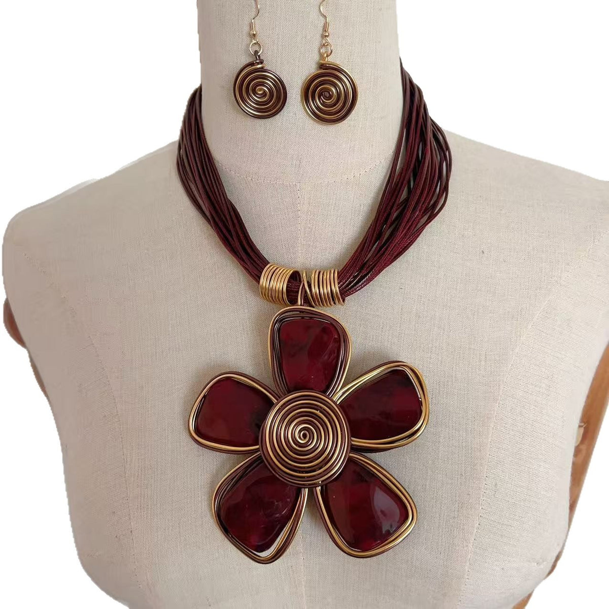 Vintage Woven Shell Flower Necklace & Earring Set