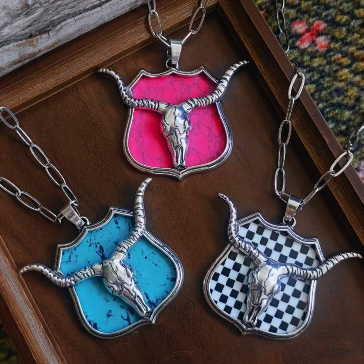 Boho Pink Bull Skull Shield Necklace