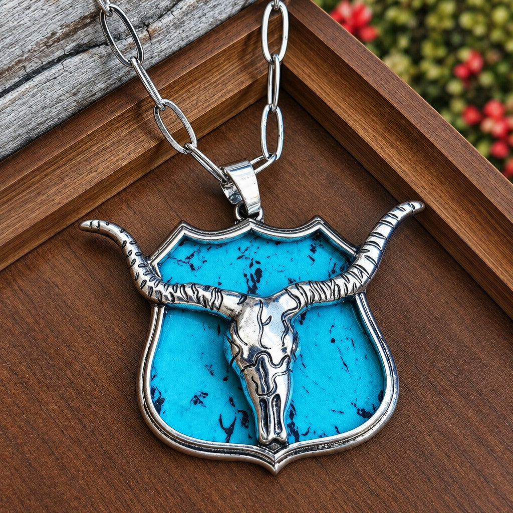 Boho Pink Bull Skull Shield Necklace