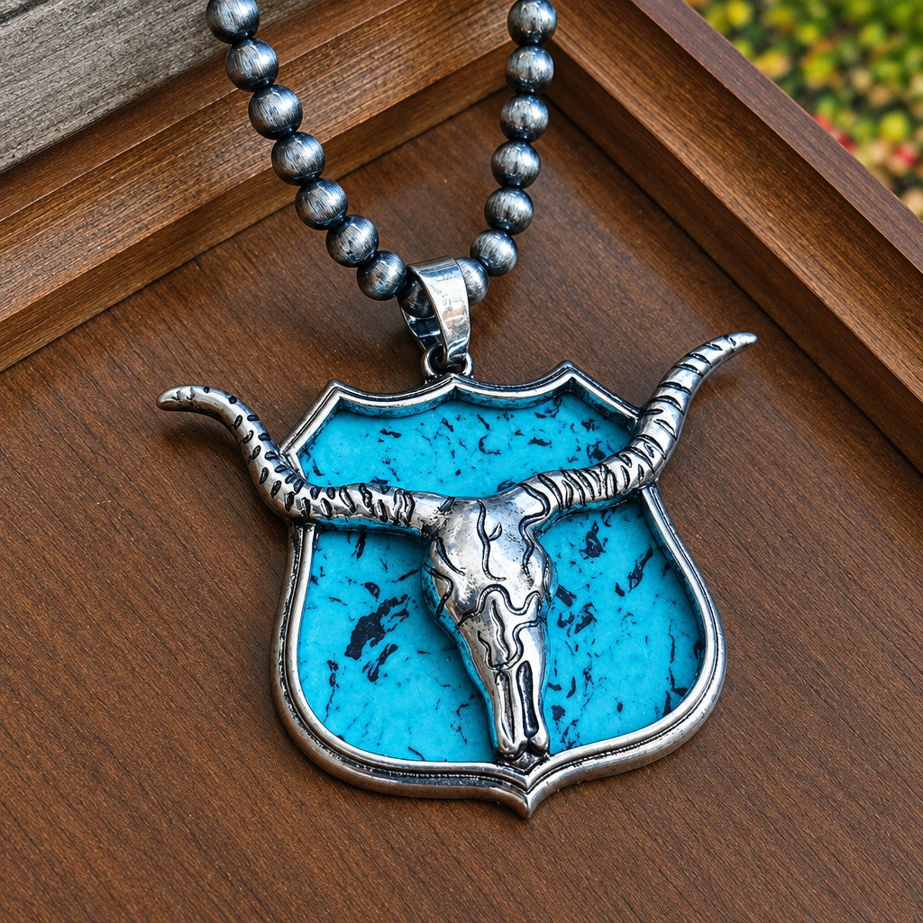 Boho Pink Bull Skull Shield Necklace