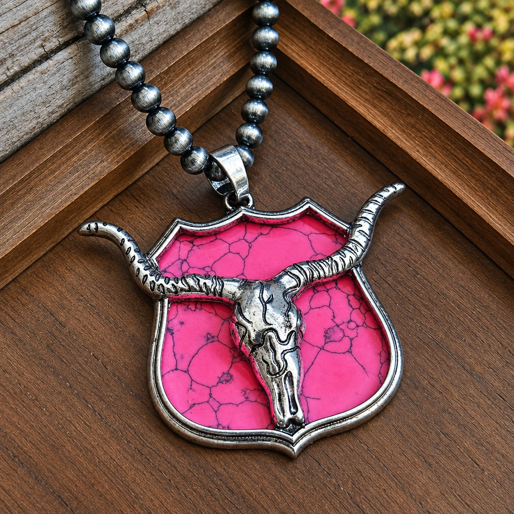Boho Pink Bull Skull Shield Necklace