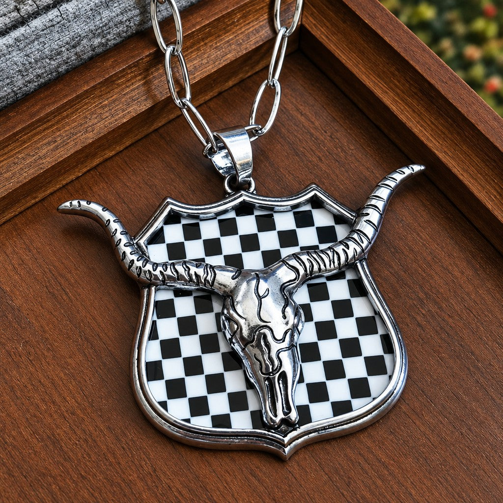 Boho Pink Bull Skull Shield Necklace