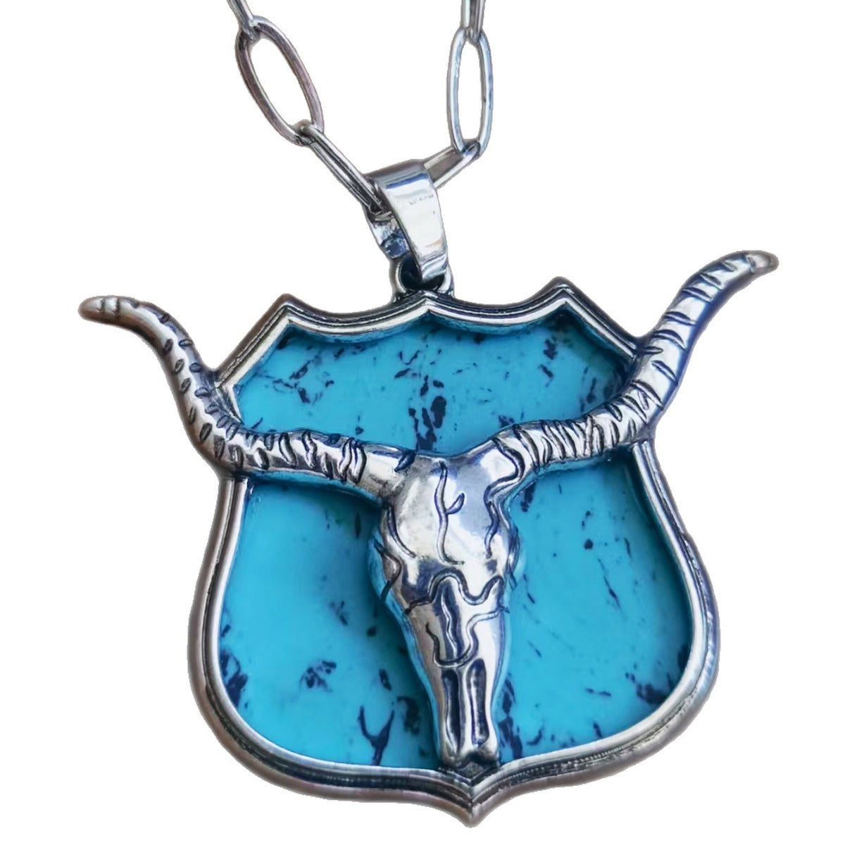 Boho Pink Bull Skull Shield Necklace