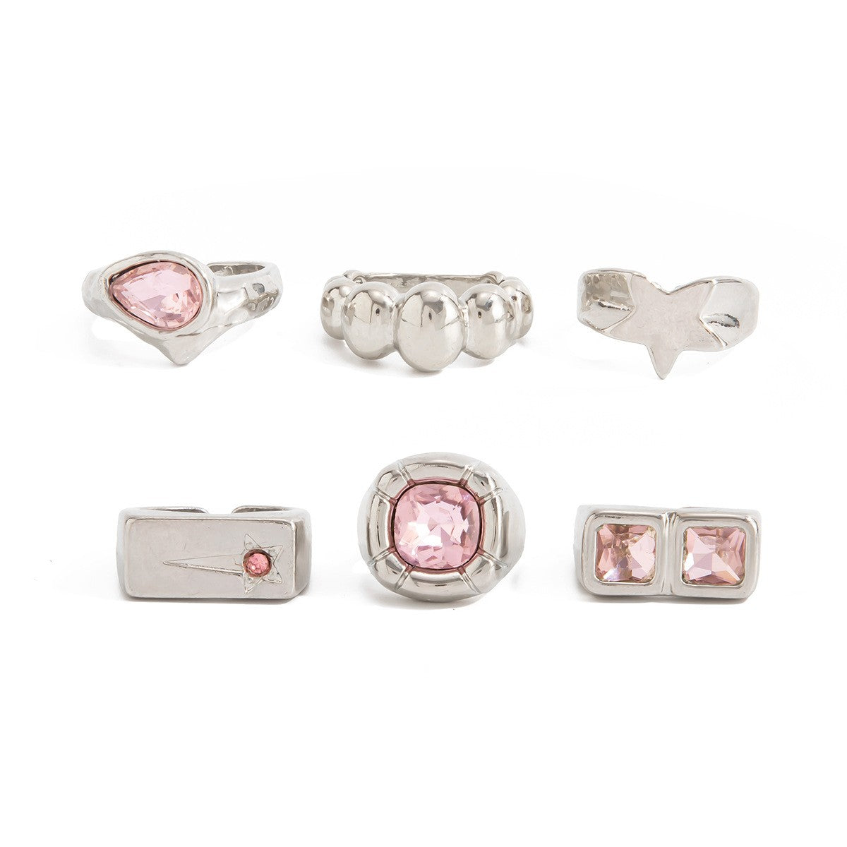 6pc Classy Pink Gemstone Geometric Ring Set