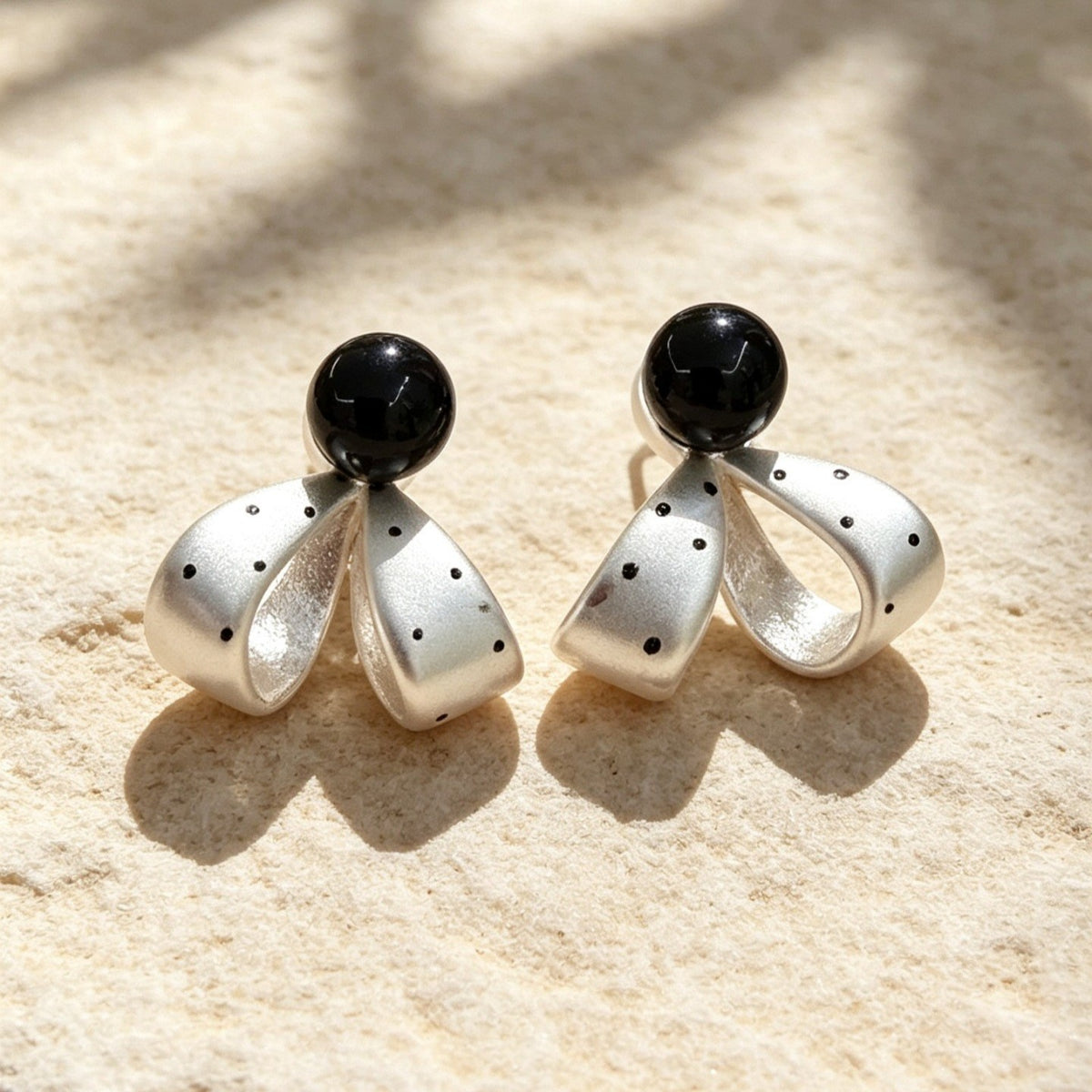 Classy Black Bead Polka Dot Bow Earrings