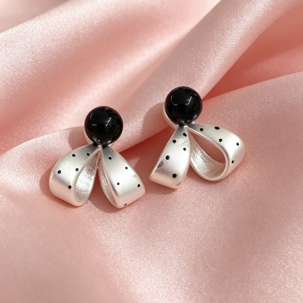Classy Black Bead Polka Dot Bow Earrings