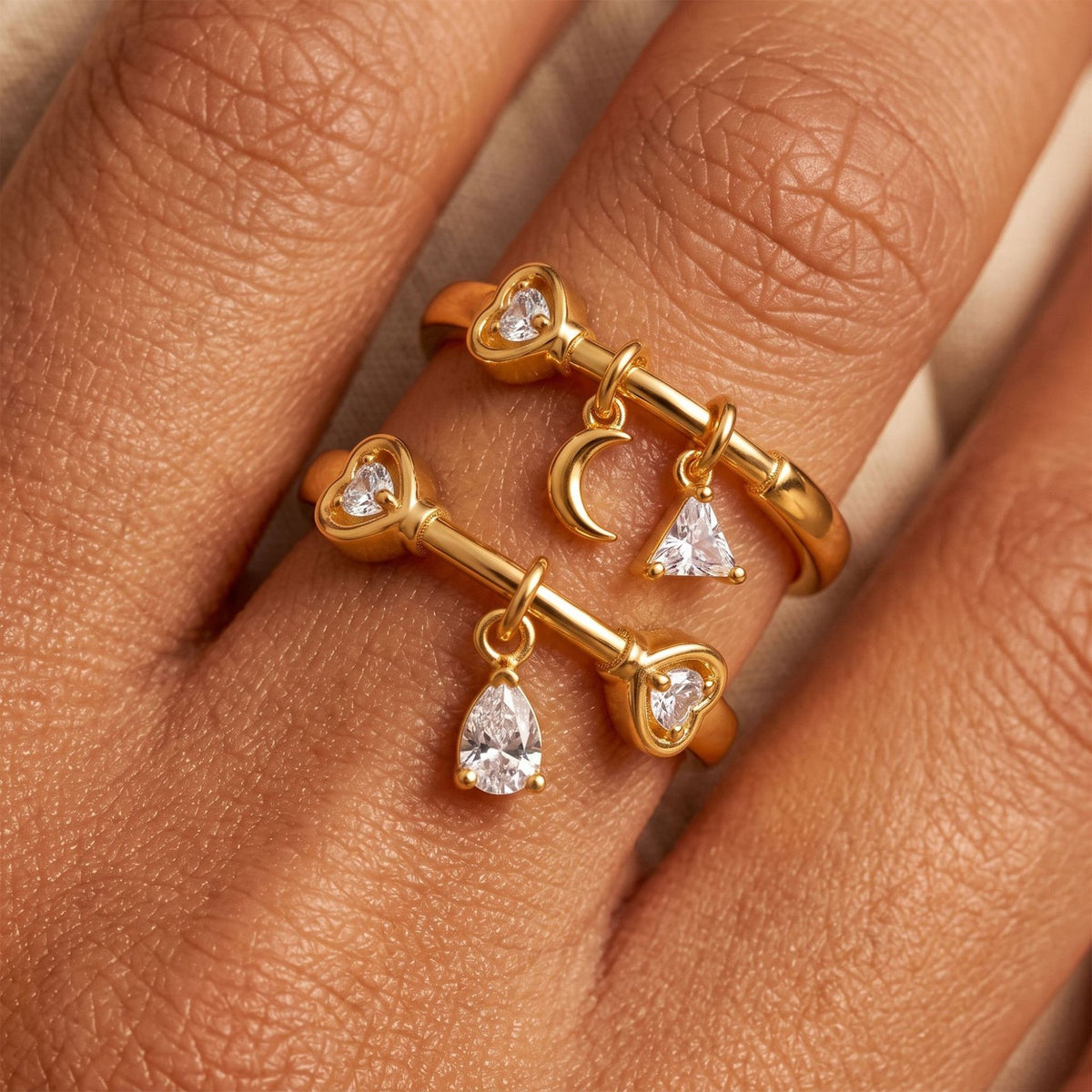 Dainty Celestial Heart & Moon Dangle Ring Set