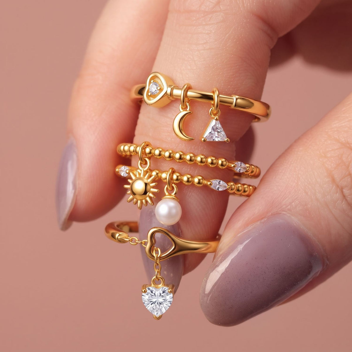 Dainty Celestial Heart & Moon Dangle Ring Set
