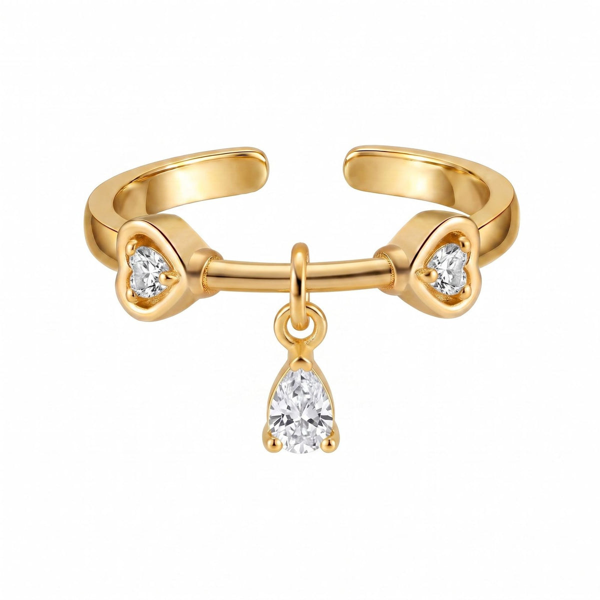 Dainty Celestial Heart & Moon Dangle Ring Set