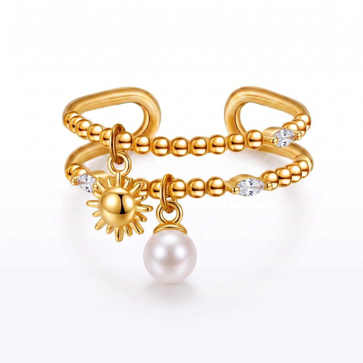Dainty Celestial Heart & Moon Dangle Ring Set