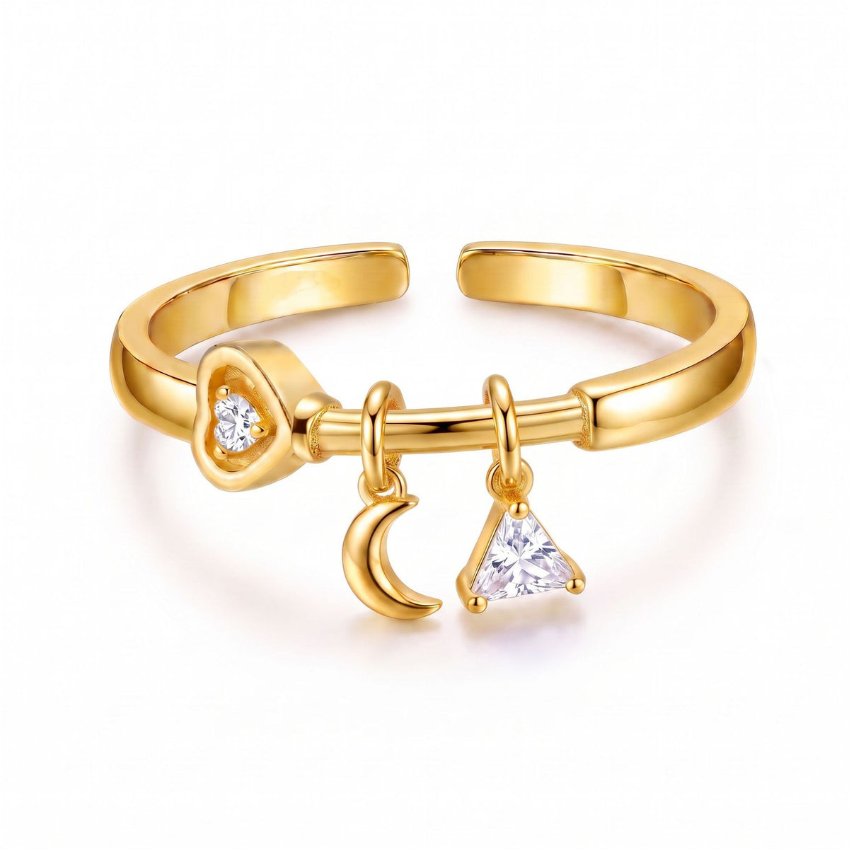 Dainty Celestial Heart & Moon Dangle Ring Set