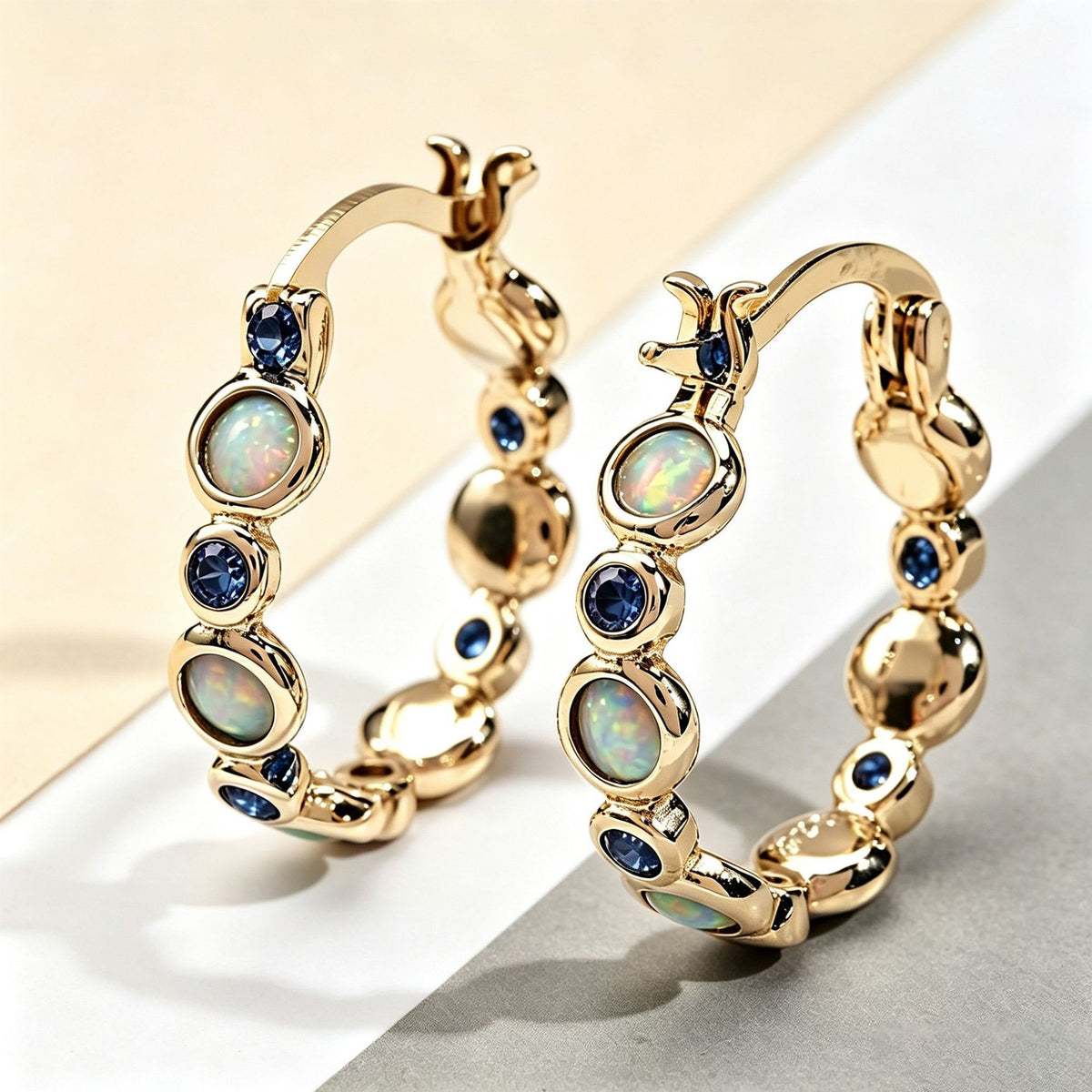 Classy Opal and Blue CZ Huggie Earrings