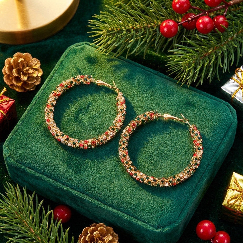 Festive Red Green Rhinestone Oval Hoop Earrings