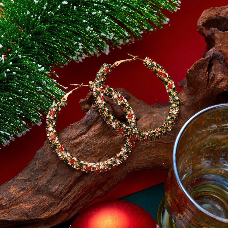 Festive Red Green Rhinestone Oval Hoop Earrings