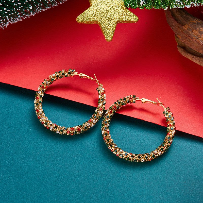 Festive Red Green Rhinestone Oval Hoop Earrings