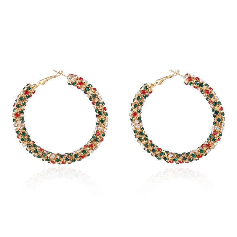 Festive Red Green Rhinestone Oval Hoop Earrings