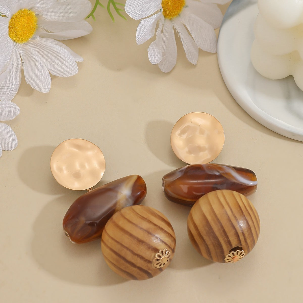 Boho Geometric Wood Drop Earrings