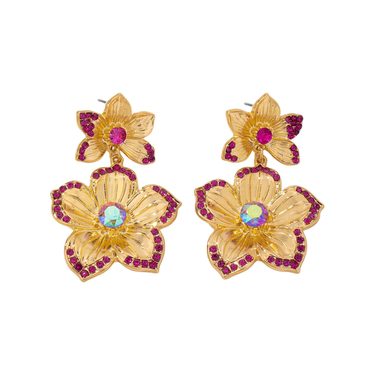 Romantic Red Zircon Double Flower Drop Earrings