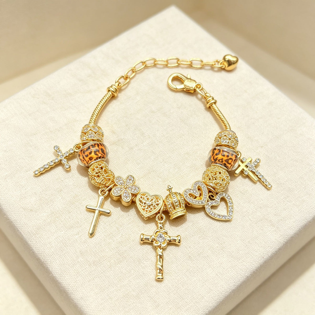 Classy Rhinestone Cross & Crown Charm Bracelet