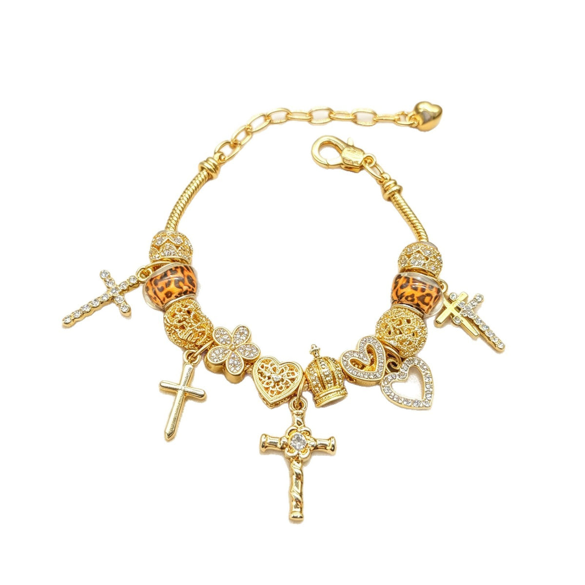 Classy Rhinestone Cross & Crown Charm Bracelet