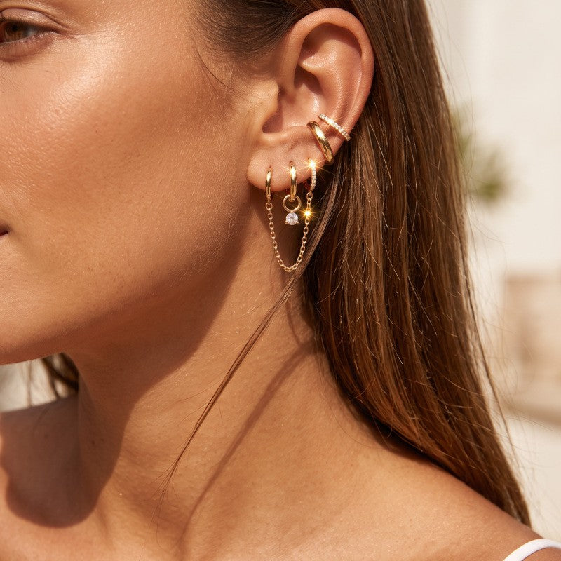 Classy CZ Chain Ear Cuff & Huggie Set