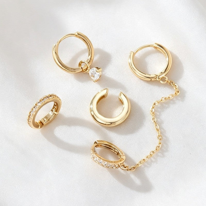 Classy CZ Chain Ear Cuff & Huggie Set