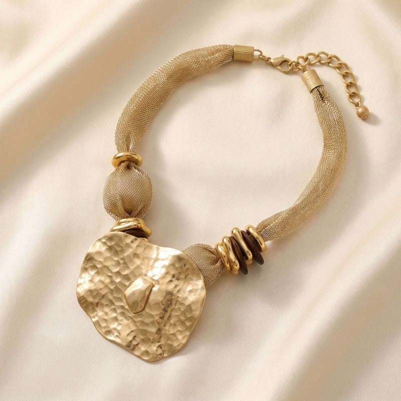 Boho Hammered Disc Mesh Choker Necklace