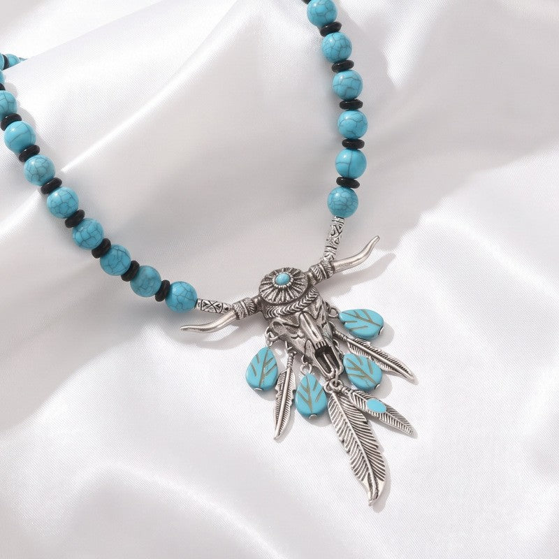 Boho Turquoise Bull Head Feather Necklace